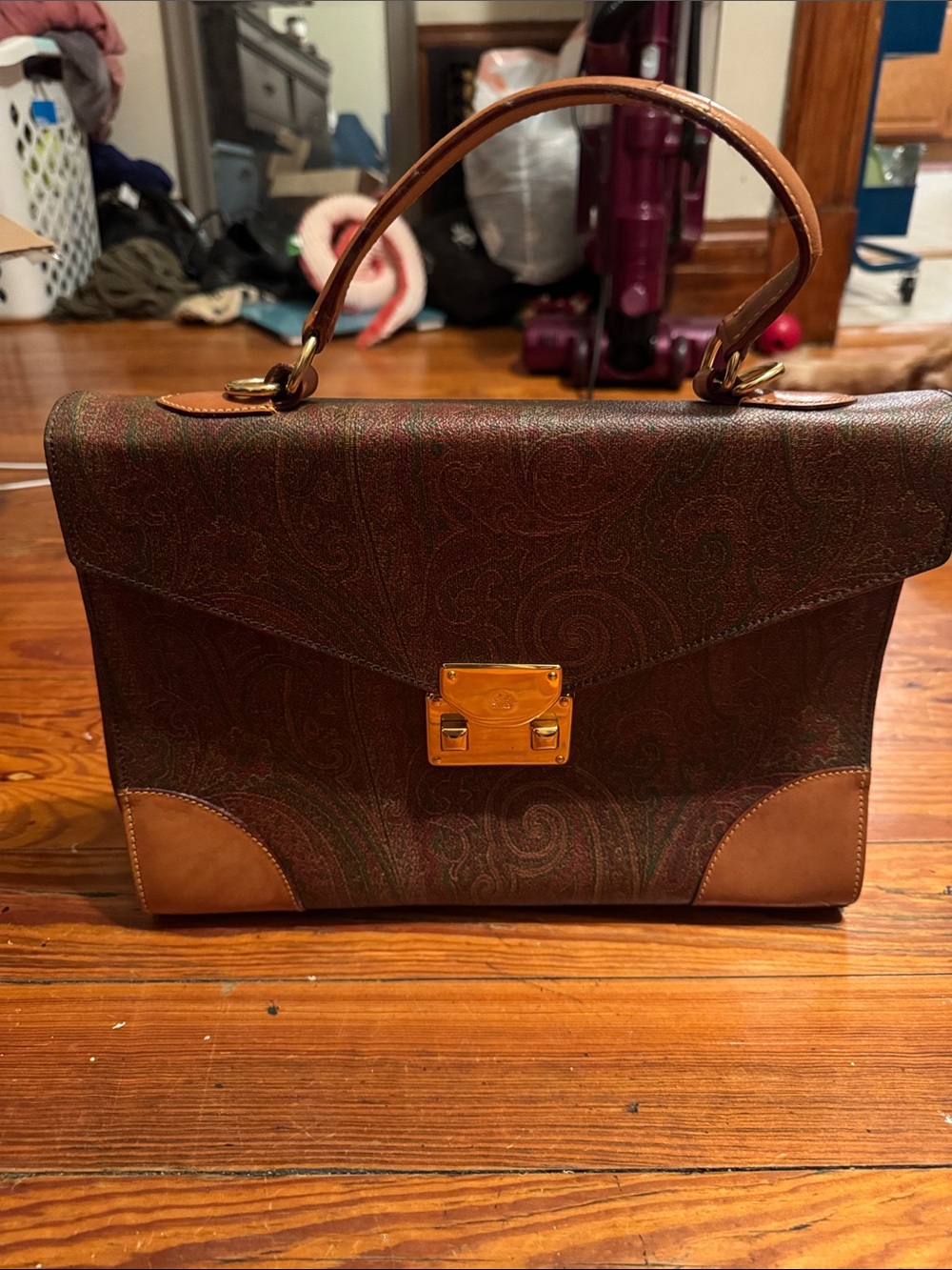 Etro Luxury Structured Briefcase w/shoulder strap in Brown Paisley Leather